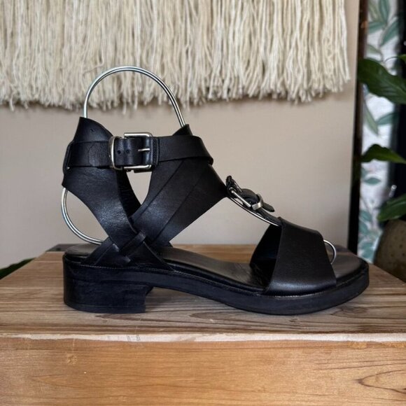 Surface to Air Black Leather Double Ankle Wrap Silver Buckle Block Heel Sandal - Picture 5 of 15